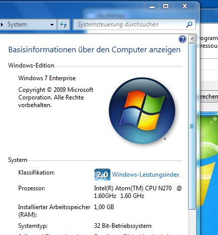 Windows 7 auf einem Eee PC 901 / Go