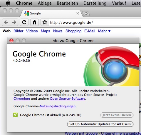 Google Chrome 4.0.249.30 für Mac OS X